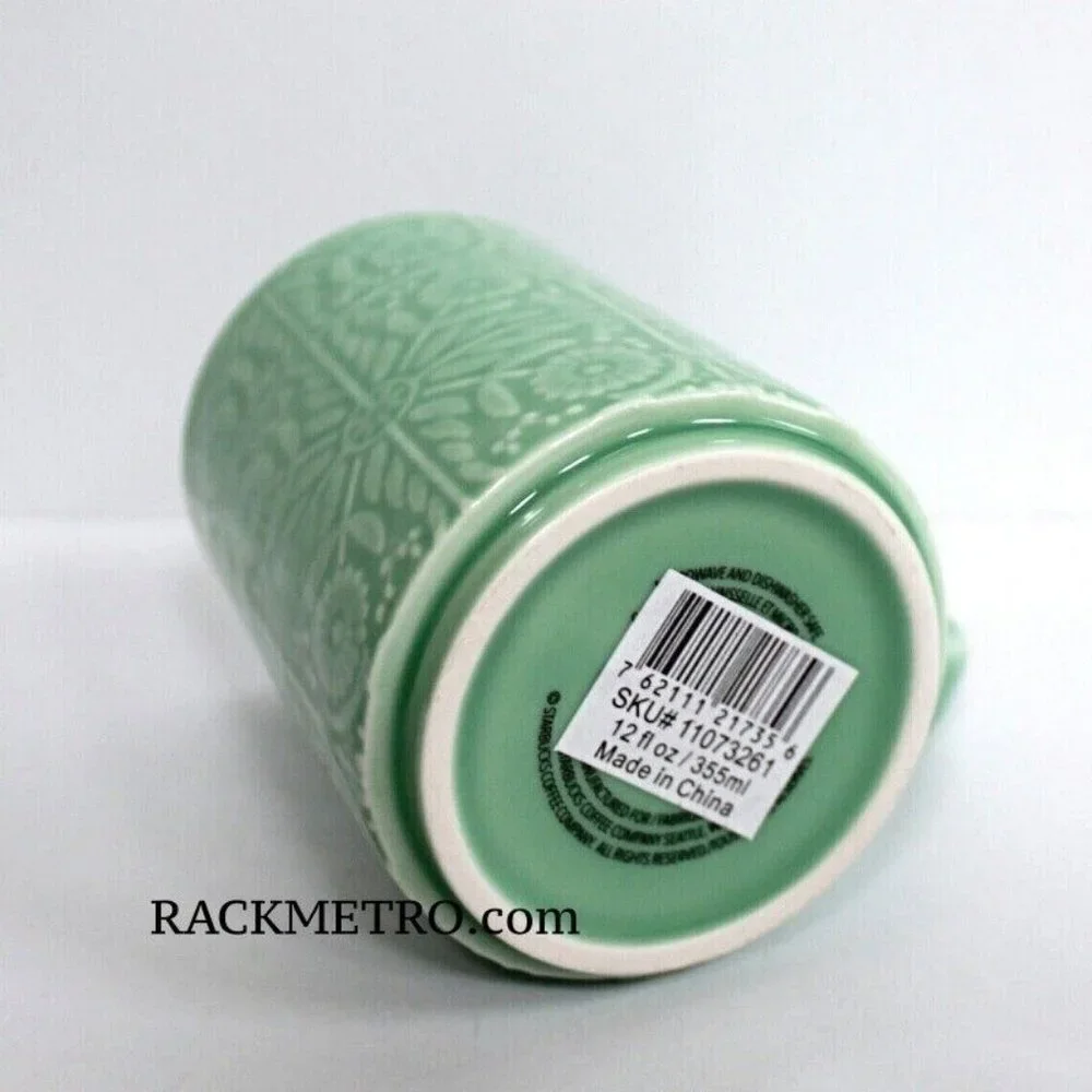 Starbucks Jade Green Floral Handle Coffee Mug Cup 12 oz